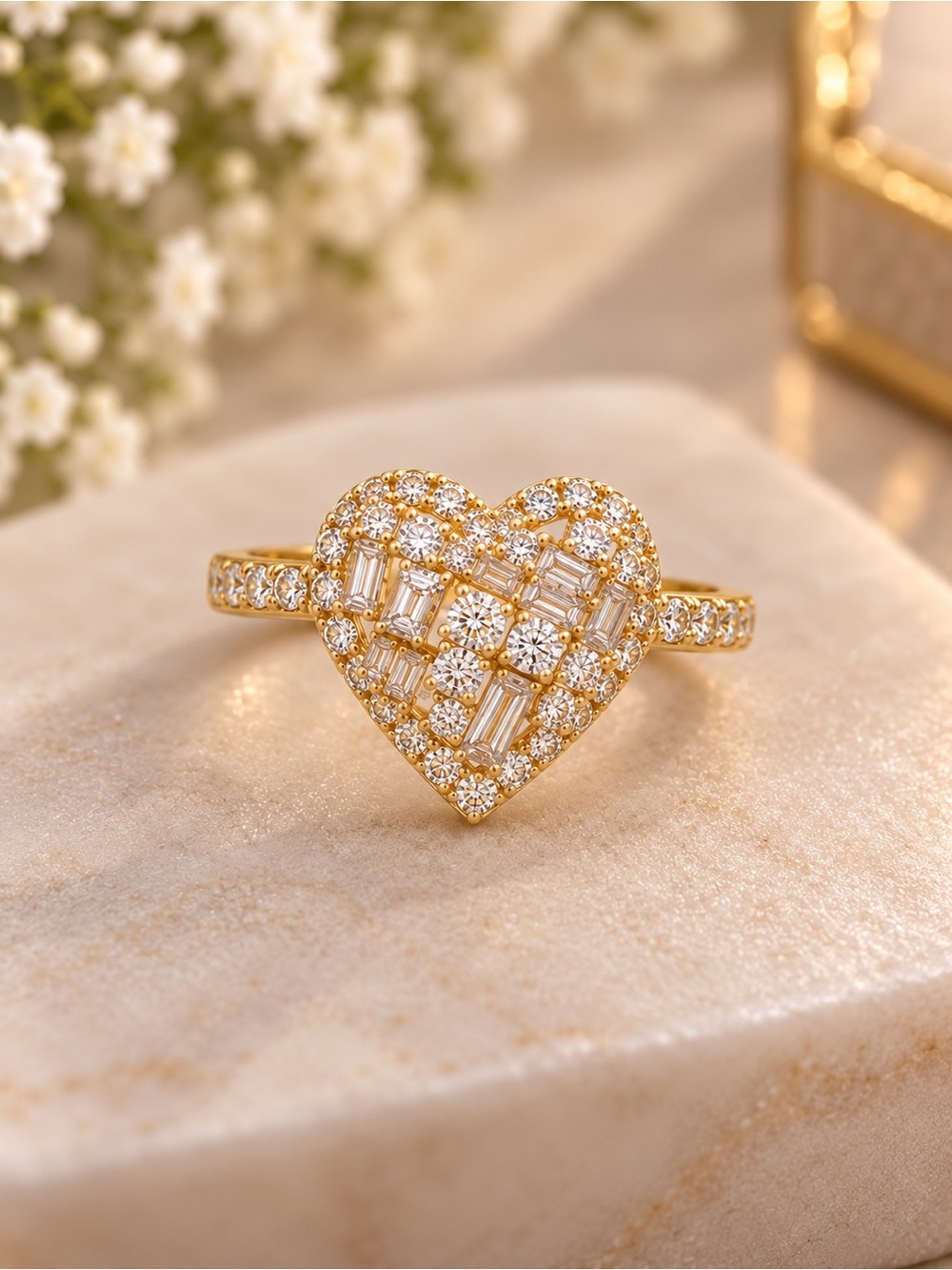 Gold Heart Pavé Ring with Clear Stones - Women Jewelry